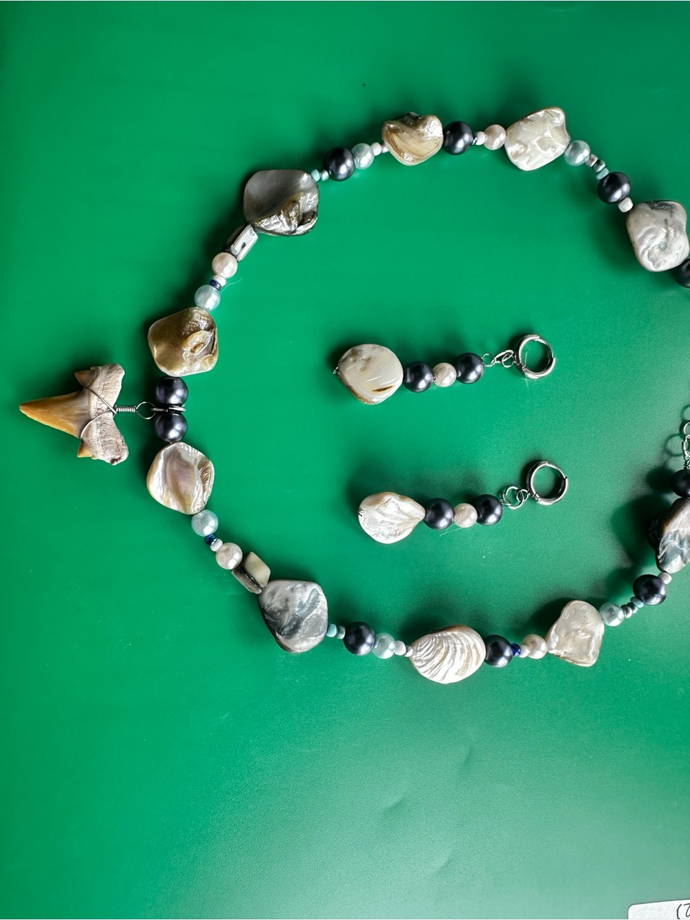 Gray and blue Shell Bead Necklace with a shark teeth and Matching Earrings